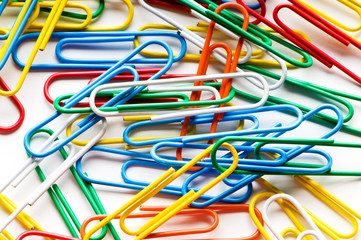 Close up of many colourful paper clips