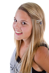 Young cute blond teenager over isolated white background.