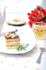 Chocolate dessert with tea and napkin