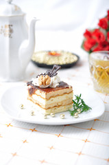 Chocolate dessert with tea and napkin