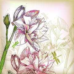 summer background with blossoming hand drawn  flowers