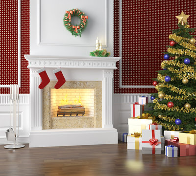 Traditional fireplace decorated for christmas