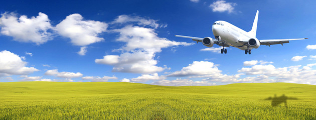 Airplane above green field
