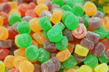 Close up of colorful candies, focus on centre