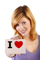 young woman and a card with place for text (white background)