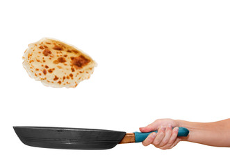 Pancake over pan isolated with clipping path