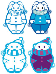 Funny rabbit and bear with snowflakes