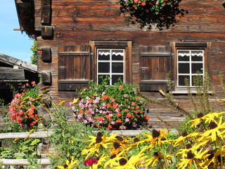 Fototapeta na wymiar Dom stary Corner dom z dwoma oknami i kwiaty