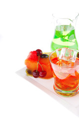 fruit ice cream with fruits and beverage