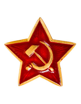 Communist red star with hammer and sickle on white background