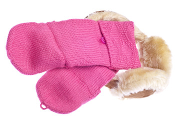Fototapeta na wymiar Pink Mittens with Fuzzy Winter Ear-Muffs
