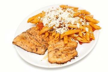 fried salmon with pasta topped with cheese