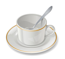 Empty cup with saucer and teaspoon