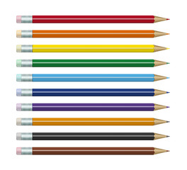 Colored pencils set with different colors of erasers