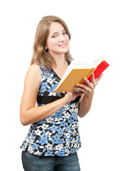 schoolgirl with books , isolated over white