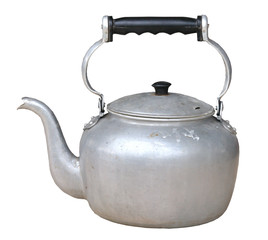 Old dirty classic kettle on white background