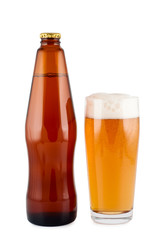 Beer, bottle, glass, isolated on white background.