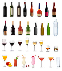 Set of different drinks and cocktails. Vector illustration.
