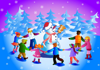 Children around snowman