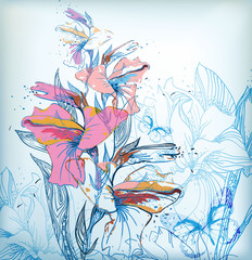 hand-drawn background with  a gentle  colored gladiolus - 26862461