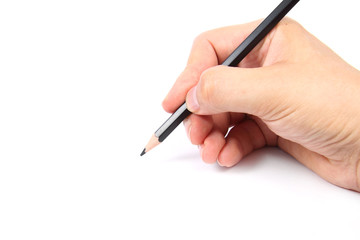 Hand holding a black pencil on white  background