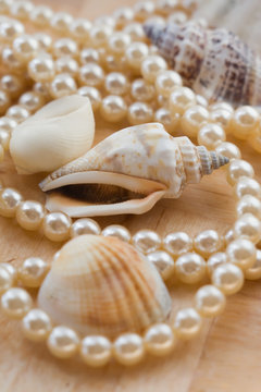 Cockleshell and pearls. Wooden background.
