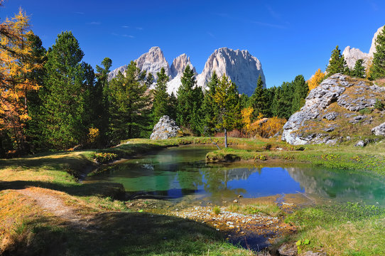 Kleiner See im Wald mit Spiegelung der Berge