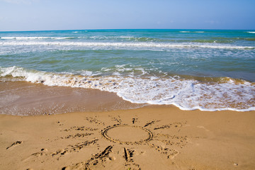 beautiful exotic beach in Mediterranean with a sign