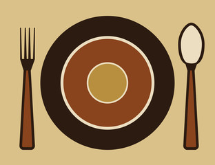 plate, spoon and fork