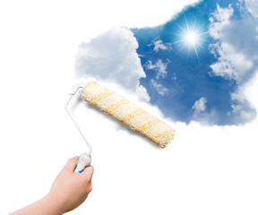 human with roller paint sky.