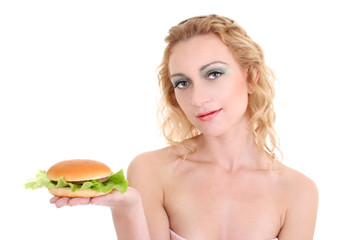 young beautiful woman with hamburger