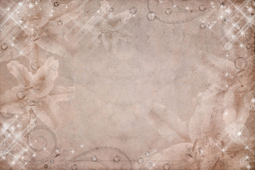 Floral design, grungy old and dirty brown parchment background