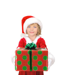 Cute little Santa is giving a gift