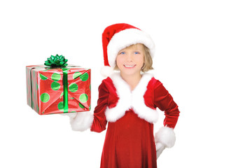 Cute little Santa is giving a gift