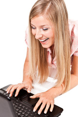 Caucasian woman with notebook on white isolated backgrodun