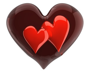 two glossy hearts inside glass heart