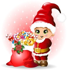 Weihnachtsmann-Kind mit Geschenken-Baby-Weihnachtsmann und Spielzeug-Vektor