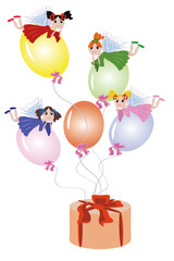Obraz na płótnie Canvas Fairies flying on balloons tied to gift