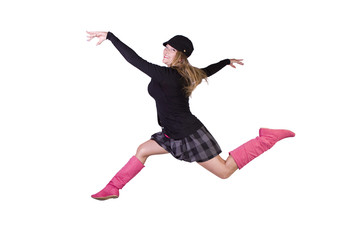 Young  fashion model jumping in mid air