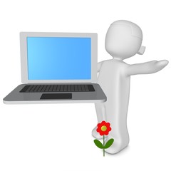 3d-m&auml;dchen mit laptop silber/schwarz und blume