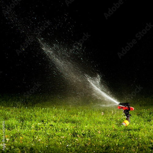 "lawn sprinkler spraying water over green grass at night" Stock photo