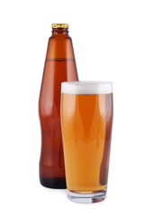 Beer, bottle, glass, isolated on white.