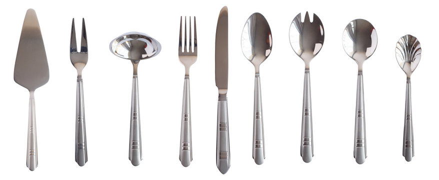 silver kitchen table set spoon fork knife isolated