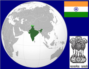 India globe map locator world flag coat