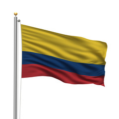 Fototapeta na wymiar Flag of Colombia waving in the wind in front of white background