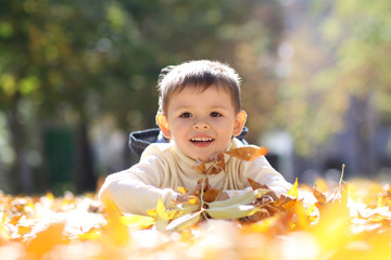 5 years old child lying on the golden leaf