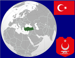 Turkey globe map locator world flasg coat