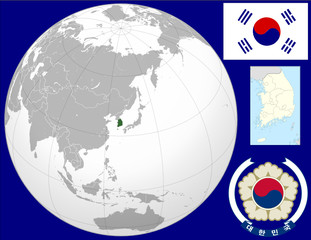 South Korea globe map locator world flag coat