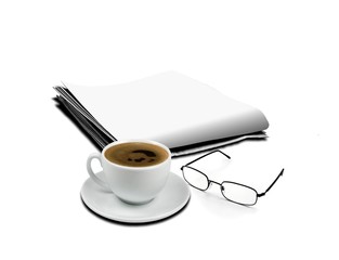 Cup of coffee and newspaper with glasses