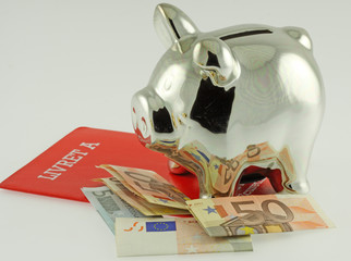 tirelire cochon argenté, livret A et billets